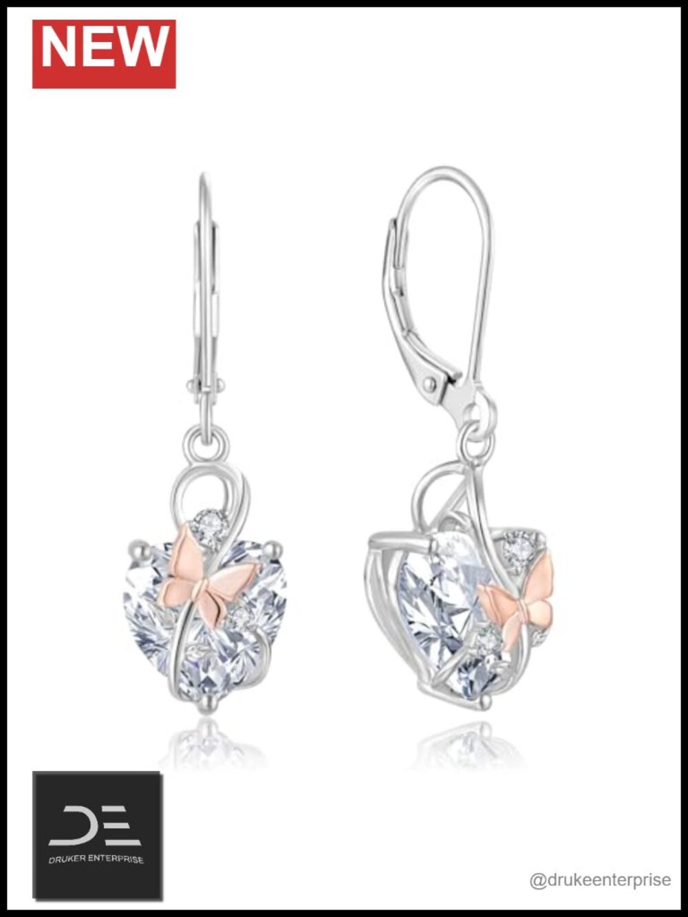 925 Sterling Silver Dangle Leverback Earrings Butterfly Heart Cubic Zirconia
